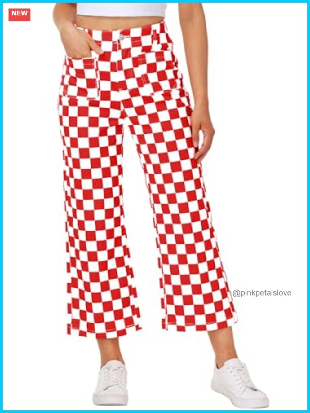 Checkered Cropped Jeans High Waist Wide Leg Stretchy Denim Pants with Pockets
